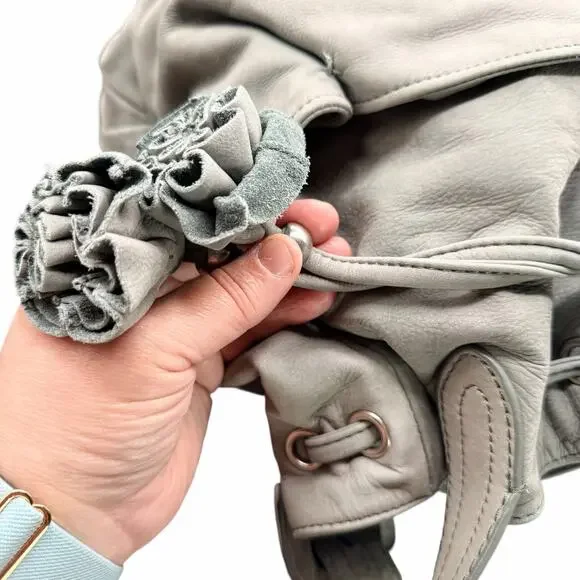 Ann Taylor LOFT Gray Leather Drawstring Shoulder Bag Tassel Slouchy Tote - Picture 8 of 13